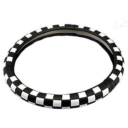 Kune JCW Checkered Flag Style Leather Steering Wheel Cover 15'' R52 R53 R54 R56 for Mini Coope R55 R56 R57-R60 Clubman Countryman