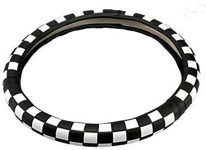 JCW Checkered Flag Style UK Leather Ra Steering Wheel Cover 15'' Diameter, Black