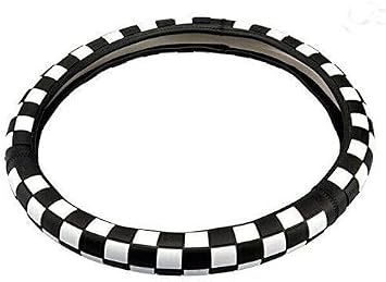 JCW Checkered Flag Style UK Leather Ra Steering Wheel Cover 15'' Diameter, Black