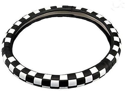 JCW Checkered Flag Style UK Leather Ra Steering Wheel Cover 15'' Diameter, Black