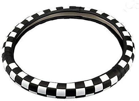JCW Checkered Flag Style UK Leather Ra Steering Wheel Cover 15'' Diameter, Black