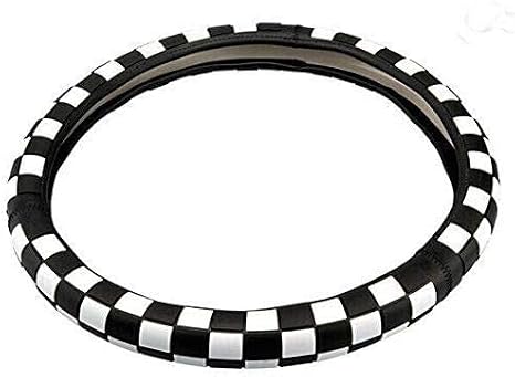 JCW Checkered Flag Style UK Leather Ra Steering Wheel Cover 15'' Diameter, Black