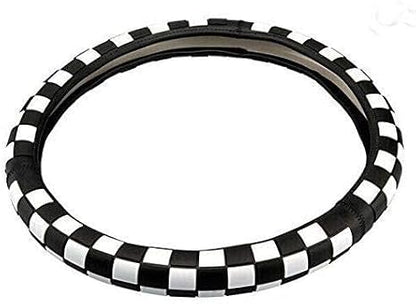 JCW Checkered Flag Style UK Leather Ra Steering Wheel Cover 15'' Diameter, Black
