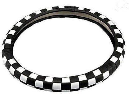 JCW Checkered Flag Style UK Leather Ra Steering Wheel Cover 15'' Diameter, Black