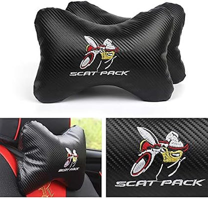 2Pcs Leather Carbon Fiber Leather Sport Car Seat Scat Pack Bee Neck Rest Pillow 