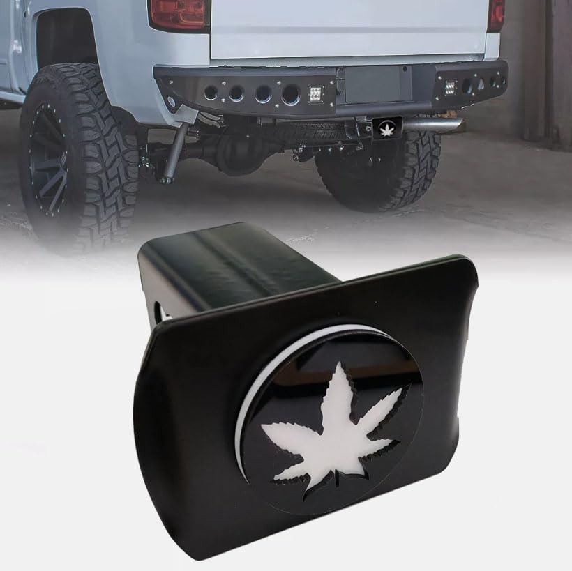Metal Marijuana Leaf Trailer Hitch Cover for 2'' Towing Rear Receiver Plug Cover SUV Pickup Trucks White