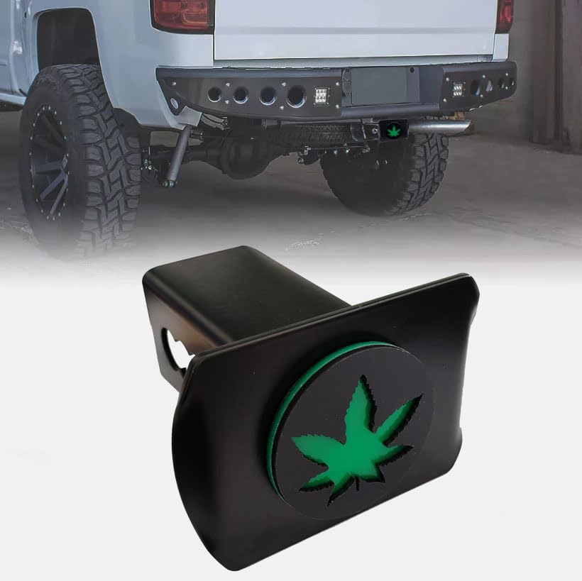 Metal Marijuana Leaf Trailer Hitch Cover for 2'' Towing Rear Receiver Plug Cover SUV Pickup Trucks Green
