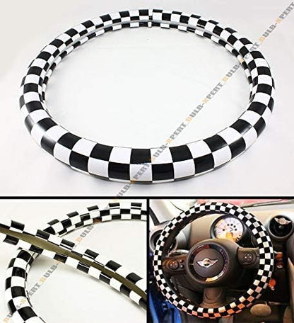 JCW Checkered Flag Style UK Leather Ra Steering Wheel Cover 15'' Diameter, Black