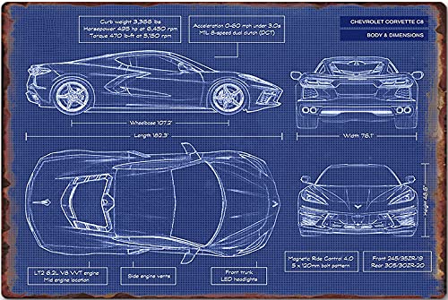 Auggies Metal Tin Signs Office Room Garage Cars Sign Wall Decor Race Car Enthusiastic Compatible with Chevy Corvette C8 Blueprint 12''x8'' (Blue)