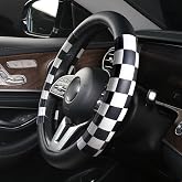 JCW Checkered Flag Style UK Leather Ra Steering Wheel Cover 15'' Diameter, Black