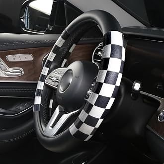JCW Checkered Flag Style UK Leather Ra Steering Wheel Cover 15'' Diameter, Black