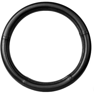 JCW Checkered Flag Style UK Leather Ra Steering Wheel Cover 15'' Diameter, Black