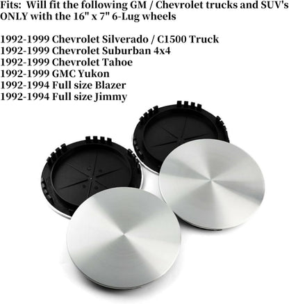 4 Pieces Diameter 7 7/8" Fit For 1992-1999 Chevy GMC 16" Silver Brushed Aluminum 6 Lug Rim Wheel Hub Center Hub Caps Cover 9593197 15650047