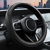 JCW Checkered Flag Style UK Leather Ra Steering Wheel Cover 15'' Diameter, Black