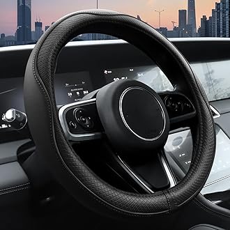 JCW Checkered Flag Style UK Leather Ra Steering Wheel Cover 15'' Diameter, Black