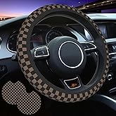 JCW Checkered Flag Style UK Leather Ra Steering Wheel Cover 15'' Diameter, Black