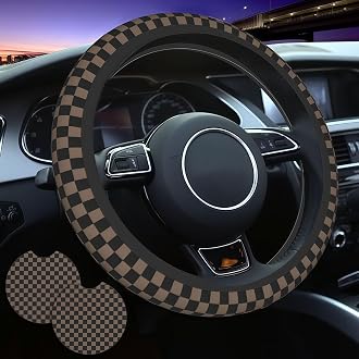 JCW Checkered Flag Style UK Leather Ra Steering Wheel Cover 15'' Diameter, Black
