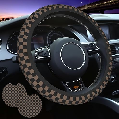 JCW Checkered Flag Style UK Leather Ra Steering Wheel Cover 15'' Diameter, Black