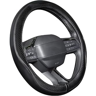 JCW Checkered Flag Style UK Leather Ra Steering Wheel Cover 15'' Diameter, Black