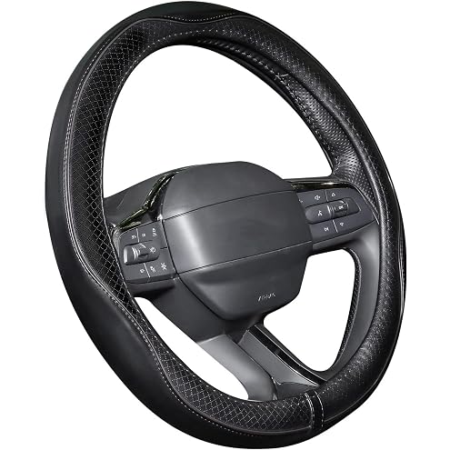 JCW Checkered Flag Style UK Leather Ra Steering Wheel Cover 15'' Diameter, Black