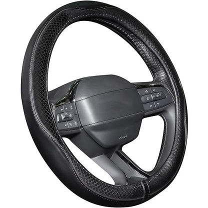 JCW Checkered Flag Style UK Leather Ra Steering Wheel Cover 15'' Diameter, Black