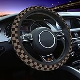 JCW Checkered Flag Style UK Leather Ra Steering Wheel Cover 15'' Diameter, Black