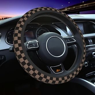 JCW Checkered Flag Style UK Leather Ra Steering Wheel Cover 15'' Diameter, Black