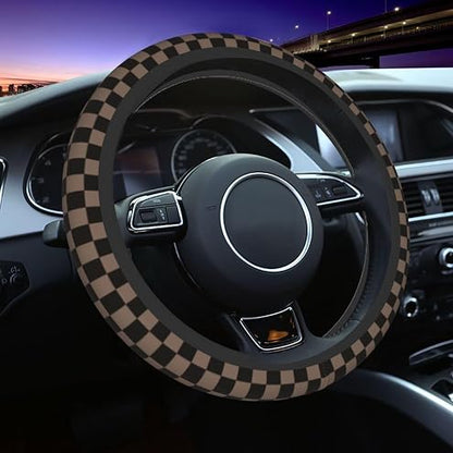 JCW Checkered Flag Style UK Leather Ra Steering Wheel Cover 15'' Diameter, Black