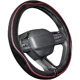JCW Checkered Flag Style UK Leather Ra Steering Wheel Cover 15'' Diameter, Black