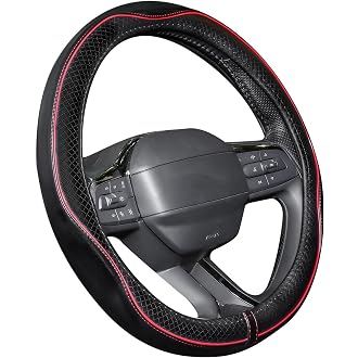 JCW Checkered Flag Style UK Leather Ra Steering Wheel Cover 15'' Diameter, Black