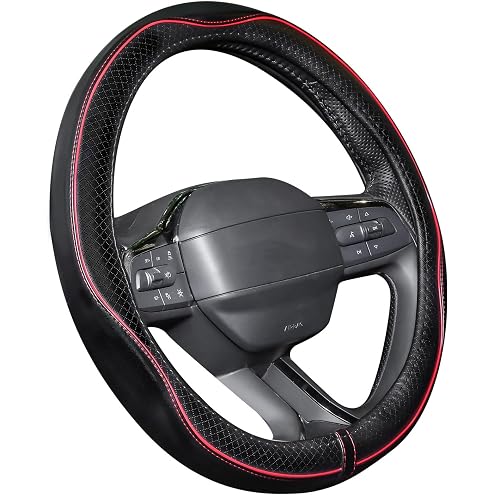 JCW Checkered Flag Style UK Leather Ra Steering Wheel Cover 15'' Diameter, Black