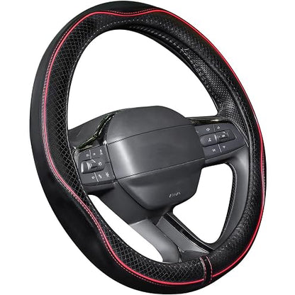 JCW Checkered Flag Style UK Leather Ra Steering Wheel Cover 15'' Diameter, Black