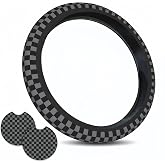 JCW Checkered Flag Style UK Leather Ra Steering Wheel Cover 15'' Diameter, Black