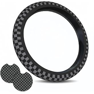 JCW Checkered Flag Style UK Leather Ra Steering Wheel Cover 15'' Diameter, Black
