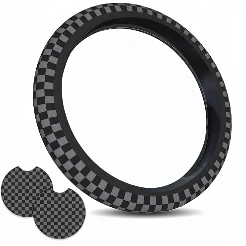 JCW Checkered Flag Style UK Leather Ra Steering Wheel Cover 15'' Diameter, Black