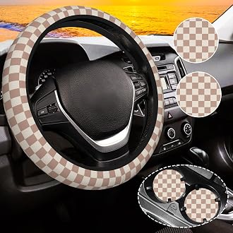 JCW Checkered Flag Style UK Leather Ra Steering Wheel Cover 15'' Diameter, Black