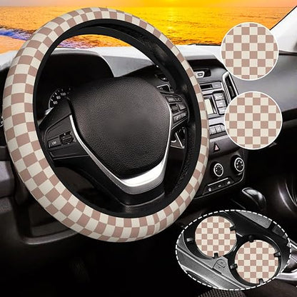 JCW Checkered Flag Style UK Leather Ra Steering Wheel Cover 15'' Diameter, Black