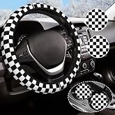 JCW Checkered Flag Style UK Leather Ra Steering Wheel Cover 15'' Diameter, Black