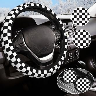 JCW Checkered Flag Style UK Leather Ra Steering Wheel Cover 15'' Diameter, Black