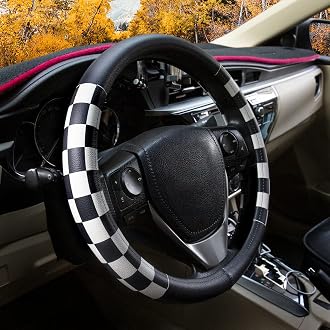 JCW Checkered Flag Style UK Leather Ra Steering Wheel Cover 15'' Diameter, Black