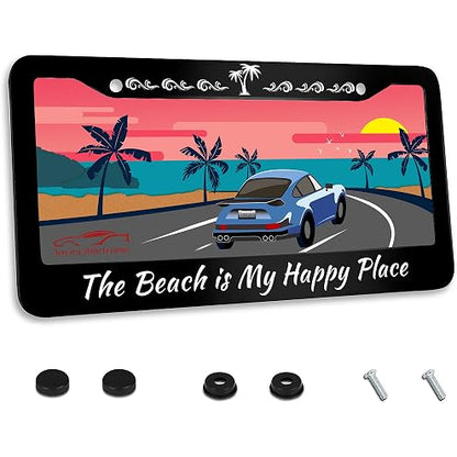 2pcs Car Palm Tree Tropical Life is Good at Beach License Plate Frame Cover Hold